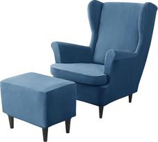 "Velvet Stretch Wing Chair and Footstool" užvalkalų rinkinys (2 + 1 vnt.), svetainės baldų apsauga (mėlyna a)