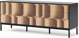 "Vicco Eliza Lowboard" juodo ąžuolo 150 x 60 cm su 3 stalčiais ir televizoriaus pagrindu