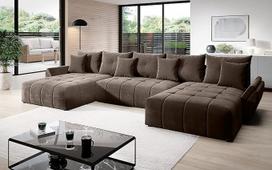 "Vigo Velvet Monolith" kampinė U formos sofa 382 cm x 190 cm - sofa-lova su lovos dėže - sofa su laikymo vieta ir pagalvėlėmis - sofa su miego funkcija - išskleidžiama sofa-lova - spalva: ruda (M-15)
