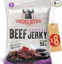 "Viking Bites Beef Jerky Teriyaki" 400 g (8 x 50 g) - Džiovinta jautiena - daug baltymų turintis mėsos užkandis