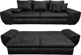 "Vintage" didelė sofa su miego funkcija ir lovos dėže, plotis 275 x gylis 98 x aukštis 90 cm, "XXL Trend" 275 cm pločio sofa, bangų atrama, gulimas paviršius 148 x 194 cm, odos išvaizdos mikropluošto audinys, juoda / 18010