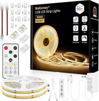 "Wefomey" 20M COB LED juosta šiltai balta 3000K lanksti 24V su nuotolinio valdymo pultu ir maitinimo šaltiniu CRI>90 Plotis 8 mm 324LEDs/M Šiltai balta namų miegamojo veidrodžio apdailai