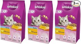 "Whiskas Adult 1+" sterilus sausas kačių maistas su vištiena, 3 maišeliai, 3 x 1,4 kg, aukštos kokybės sausas maistas suaugusioms, sterilizuotoms arba kastruotoms katėms