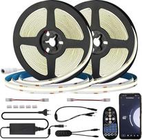 "WiFi" 10 m (2 x 5 m) COB LED juosta šiltai balta 3000 K, reguliuojamo apšvietimo 8 mm LED juosta su 24 V maitinimo šaltiniu ir IR nuotolinio valdymo pultu, laikmačiu, muzika, lipni, IP20, suderinama su programėle "Tuya