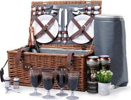 "Willow Hamper" pikniko krepšys 4 žmonėms su izoliuotu aušintuvo skyriumi ir neperšlampama antklode "Willow Hamper" stalo įrankių rinkinys Dideli "Willow" pikniko krepšių rinkiniai lauko stovyklavietei (rudi)