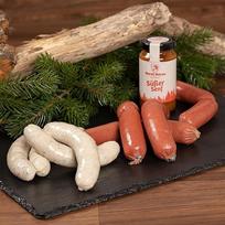 "Wurstbaron®" tradicinis paketas, skanios arklienos dešrelės ir baltosios dešrelės, įskaitant saldžiąsias garstyčias, aukštos kokybės iš Bavarijos, dešrelių paketas idealiai tinka dovanoms