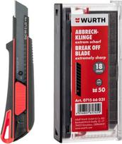 "Würth Utility Knife" 071566295 Kilimų peilis 18 mm su 3 atlenkiamais peiliukais ir 50 papildomų 18 mm atlenkiamų peiliukų, kurie yra itin aštrūs
