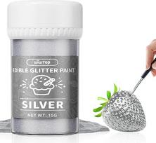 "Wwtop" valgomieji blizgučiai Silver 15 g, skysti valgomieji blizgučių milteliai gėrimams, patobulinti metalo blizgučių dažai fondantui, tortams, maisto blizgučių milteliai tortams, šokoladui, kokteiliams