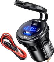(63 W, 2 jungtys) 45 W PD USB-C lizdas, 12 V, atsparus vandeniui, ir 18 W QC 3.0, 12/24 V, metalinis USB montavimo lizdas, automobilinis USB kištukas su jungikliu ir LED voltmetru, skirtas motociklams, kemperiams, laivams, automobiliams, karavanams ir sun