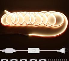 10 m 220 V COB LED juosta, 288 LED/m, vandeniui atspari šviesos juosta, šiltai balta, 3000 K, lanksti didelio tankio šviesos juosta su jungikliu, juostelės, skirtos namų apdailai, sodui, virtuvei, miegamajam, spintai