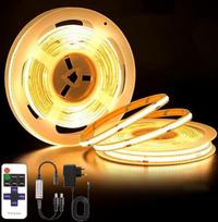 10 m (5 m x 2) COB LED juosta, 24 V, reguliuojamo ryškumo, lanksti, šiltai balta (2700 K), 320 LED/m, LED juosta su nuotolinio valdymo pultu ir maitinimo šaltiniu, skirta miegamajam, virtuvei, savarankiškai montuojamam spintelių apšvietimui