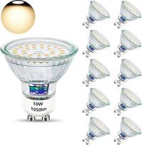 10 vnt. GU10 LED 10 W 3000 K šiltos baltos šviesos lempučių rinkinys, be apšvietimo reguliavimo funkcijos | GU10 LED 10 W, 1050 lm ryškumo LED lemputė, pakeičia 100 W halogeninę lempą, stiklinis pagrindas, 120° spinduliavimo kampas, užtikrinantis malonią