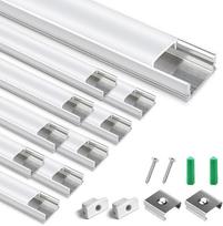 10 vnt. LED aliuminio profilių rinkinys, sidabriniai U formos LED aliuminio kanalai su pieno baltumo dangteliu, galiniais dangteliais ir tvirtinimo spaustukais, ekstruzinis aliuminio profilis, skirtas LED juostelėms U02