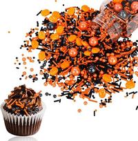 100 g „Halloween Sprinkles“ valgomųjų pabarstukų, skirtų tortų dekoravimui, įvairių rūšių rinkinys, kuriame yra moliūgų formos cukraus perlai ir cukraus adatos, skirtos Helovino vakarėliams ir desertų dekoravimui