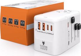 100 W GaN universalus maitinimo lizdo adapteris su 3 USB-C (C1-PD prievadas) ir 2 USB-A universaliais adapteriais, kelioninis adapteris Europai, JAV, Jungtinei Karalystei, Australijai, Kinijai, Japonijai, Tailandui, baltas