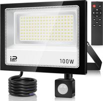 100 W LED prožektorius su judesio jutikliu lauke, 10000 LM 7000 K itin ryškus prožektorius, IP67 vandeniui atsparus prožektorius su nuotolinio valdymo pulteliu, šaltai baltas lauko prožektorius sodui, garažui, sporto aikštelei, kiemui