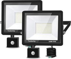 100 W LED prožektorius su judesio jutikliu lauke, itin ryškus 6500 K 10000 LM vėsios baltos spalvos LED prožektorius su judesio jutikliu, IP66 vandeniui atsparus lauko prožektorius sodui, kiemams, 2 vnt.