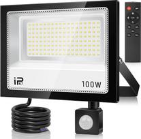 100 W LED prožektorius su judesio jutikliu, skirtas naudoti lauke, 10 000 LM, 7 000 K, ypač ryškus prožektorius, IP67 atsparus vandeniui prožektorius su nuotolinio valdymo pultu, šaltos baltos spalvos lauko prožektorius, skirtas sodui, garažui, sporto aik