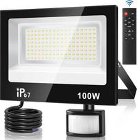 100 W LED prožektorius su judesio jutikliu, skirtas naudoti lauke, 4 režimai, 10 ryškumo lygiai, reguliuojamas LED prožektorius su nuotolinio valdymo pultu, 10 000 LM, 7000 K šaltai balta šviesa, IP67 atsparus vandeniui lauko prožektorius, skirtas