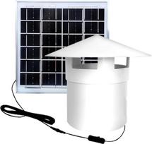 110 mm × 160 mm PVC saulės energija maitinamas stogo ištraukiamasis ventiliatorius su 3,6–4,8 W galios tyliu (40 dB) varikliu ir 2800 aps/min greičiu, skirtas namų ir sodo sandėlių (B) vėdinimui