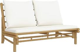 115 cm ilgio bambukinė sodo suoliukė su kreminės baltos spalvos pagalvėle, tvirta lauko sofa, skirta terasai ir balkonui, vietą taupantis sėdimųjų baldų komplektas, šiuolaikiniai poilsio baldai, skirti mažiems sodams ir balkonams