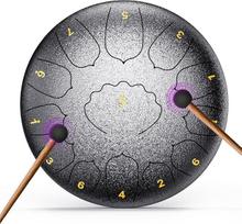 12 colių 13 tonų „C“ tonacijos liežuvinis būgnas „Handpan“, profesionalus plieninis liežuvinis būgnas „Handpan“ rinkinys, lietaus būgnas, skirtas naudoti lauke, meditacijai ir jogai, komplekte su nešimo maišeliu, natų knyga ir plaktukais (sidabrinis, 12 c