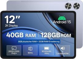 12 colių planšetinis kompiuteris, 40GB RAM, 128GB ROM, „Unisoc T7280“ aštuonių branduolių procesorius (2,2 GHz), 20 W PD | „Android“ planšetinis kompiuteris, 8GB fizinės RAM - Sklandus veikimas, suderinamas su „Gemini“ programa, 2K IPS ekranas (90 Hz),