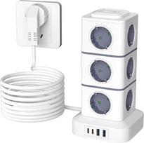 12 lizdų elektros paskirstytuvas su 2 USB-C ir 2 USB jungtimis, daug lizdų | Elektros paskirstytuvas, puikiai tinkantis biurui, namams ir žaidimų įrangai, su 12 lizdų ir 3 metrų ilgio kabeliu