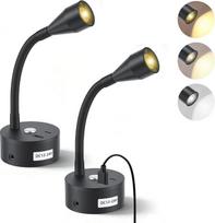 12 V LED skaitymo lempa, skirta kemperiams, 360° lankstus „žąsies kaklo“ tipo lovos šviestuvas, reguliuojamas ryškumas liečiamu būdu (3000 K – 6000 K), su USB A ir C jungtimis, skirta laivams ir karavanams, montuojama prie sienos su nuolatiniais laidais