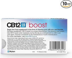 12 x CB12 „Boost“ kramtomoji guma be cukraus, stipraus mėtų skonio, 10 vnt., 20 g