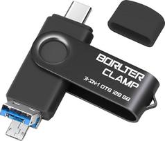 128GB „3-in-1“ USB atmintinė, skirta „Android“ telefonams, „BorlterClamp“ OTG USB 3.0 atmintinė su 3 USB prievadais (USB Type-C/microUSB/USB-A), skirta „Samsung Galaxy“, nešiojamiesiems kompiuteriams ir kt. (juoda)