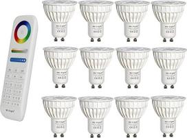 12x 4W GU10 RGB + CCT LED prožektorių spalvos keitimas ir CCT WW CW temperatūros reguliavimas, 12x 4W GU10 RGB + CCT LED prožektorių su 8 zonų nuotolinio valdymo pulteliu (12x FUT103 + FUT089)