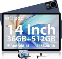 14 colių planšetinis kompiuteris, 36GB RAM + 512GB ROM/1TB TF SIM kortelė, 2K jutiklinis ekranas, 4G LTE + 5G WiFi, "Android 15", aštuonių branduolių, 4 garsiakalbiai, 13 MP, 11580 mAh, GMS, GPS, pridedamas rašiklis, dėklas ir ausinės