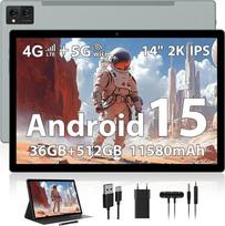 14 colių „Android 15“ planšetinis kompiuteris, 5G, „Wi-Fi“ ir 4G LTE, 36GB RAM + 512GB ROM (1 TB TF), aštuonių branduolių procesorius / 2000 x 1200 FHD 2K / „Bluetooth“ 5.0 / 13 MP + 8 MP / 11580 mAh / GPS su dėklu ir rašikliu, pilkos spalvos