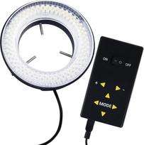 144 LED, 40–250 mm darbo atstumas, žiedinis apšvietimas, mikroskopo kamera, fluorescencinis reguliuojamas apšvietimas