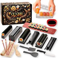 15 dalių sušių rinkinys - sušių gaminimo aparatas su "Nigiri" forma, bambukinis sušių valcavimo kilimėlis, sušių peilis, lazdelės, mentelė, sojų padažo dubenėlis ir serviravimo padėklas - "pasidaryk pats" sušių gaminimo rinkinys, dovana pradedantiesiems