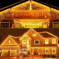 15 m ilgio 600 LED lempučių užuolaida; lauko ir vidaus naudojimui skirta „Icicle“ tipo lempučių užuolaida, šiltos baltos spalvos, su 8 režimais ir laikmačiu; IP44 apsaugos klasės šviesos užuolaida, skirta Kalėdų, vestuvių, vakarėlių ir švenčių dekoravimui