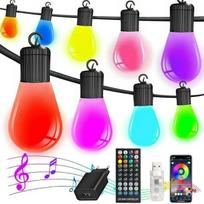 15 m LED šviesų girlianda lauke, IP65 atsparumas vandeniui, spalvota, 20 RGB S14 lempučių, valdoma per išmaniąją programėlę ir nuotolinio valdymo pultą, skirta lauko terasai, kiemui, vakarėliui, vestuvėms, sodui, balkonui (USB)