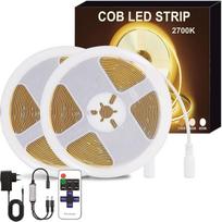 15 m „Cob“ LED juosta (7,5 m x 2), 24 V reguliuojamo ryškumo LED juosta, 2700 K šilta balta spalva, 320 LED/m, 8 mm pločio, su nuotolinio valdymo pultu ir maitinimo šaltiniu, skirta interjero apšvietimui miegamuosiuose, svetainėse, virtuvėse ir kitur
