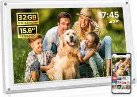 15,6 colių skaitmeninė nuotraukų rėmelė, „WiFi Frameo“, kristalinio skaidrumo akrilo nuotraukų rėmelė, 1920 x 1080 FHD IPS jutiklinis ekranas, 32GB atminties, automatinis vaizdo pasukimas, dovana tėvams
