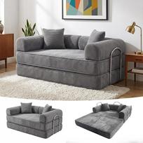 150 cm miegamoji sofa, dvivietė „Cord“ sofa, modulinė grindų sofa su 2 pagalvėmis, miegamoji sofa su metaliniu rėmu, didelio tankio putų „Boneless“ sofa, sofa-lova, nereikalaujanti surinkimo (pilka)