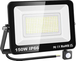 150 W judesio jutiklis su lauko šviestuvu, 15 000 LM LED prožektoriai, skirti naudoti lauke, 6000 K dienos šviesos baltumo IP66 atsparūs vandeniui apsauginiai šviestuvai, skirti sodui, garažui, kiemui, sporto aikštei, terasai