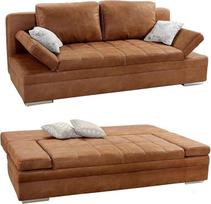 15117 Funkcinė sofa su svečių lova ir lovos dėže W200/D100/H84 cm, reguliuojami porankiai, gulimas paviršius 148 x 200 cm, atramos bangoms, antikinės odos išvaizdos mikropluošto užvalkalas su rudu dygsniavimu
