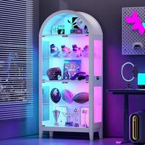 175 cm išlenkta RGB stiklinė vitrina su judesio jutikliu figūrėlėms, balta | Vitrina su reguliuojamomis stiklinėmis lentynomis, kolekcionierių vitrina su dinamišku apšvietimu, skirta svetainei, miegamajam