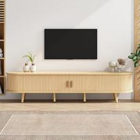 175 cm televizoriaus spintelė su laikymo vieta, apvali stalviršio TV lenta 70 colių televizoriui, TV spintelė miegamajame ir svetainėje, žema svetainės spintelė su 2 stalčiais, šviesus riešutmedis