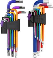 18 dalių šešiakampių ir „Torx“ raktų rinkinys – metriniai šešiakampiai su apvaliomis galvutėmis (1,5 mm–10 mm) + „Torx“ (T10–T50), pažymėti spalvomis, su dėklu. Puikiai tinka baldų surinkimui, dviračių ir motociklų priežiūrai, buitiniams darbams