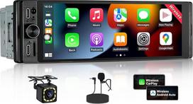 1DIN automobilių radijas su belaidžiu „CarPlay“ ir „Android Auto“, „Bluetooth“ automobilių radijas 1DIN su 6,28 colių HD IPS ekranu, galinio vaizdo kamera, navigacija, AM/FM/RDS, TF, AUX, SWC