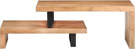 2 dalių akacijos masyvo medžio kavos staliukų rinkinys | Lakuotos geležinės kojos, viršutinio staliuko matmenys 90 x 50 x 40 cm, apatinio – 80 x 50 x 20 cm, padėklo paviršius