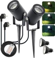 2 LED sodo prožektorių rinkinys su įžeminimo antgaliu 230 V IP65, CCT 3000 K 4000 K 6500 K, 7 W 595 lm, sodo apšvietimas su maitinimu, 2 m kabelis Plug & Play, LED sodo šviesos juoda, skirtos gėlynų apšvietimui