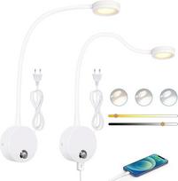 2 LED skaitymo lempų pakuotė, sieninis tvirtinimas, sieninė šviesa su jutikliniu reguliatoriumi (3000-6000 K), 4 W lovos lempa su 360° lanksčiu "Gooseneck" ir USB įkrovimo prievadu, skirta lovai, miegamajam (balta)